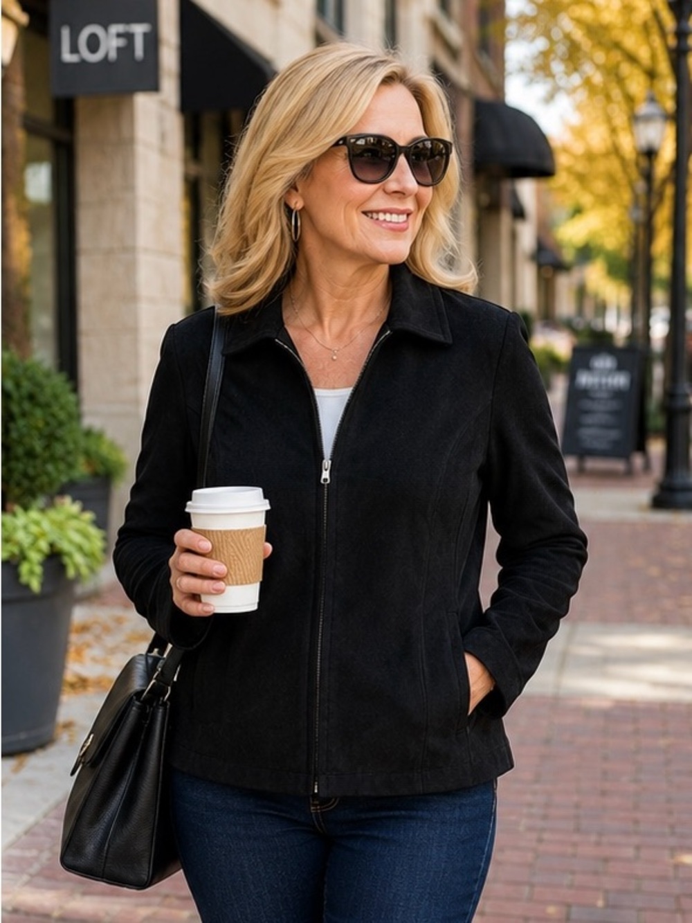 Karen Scott Faux Suede Zip Front Jacket Black Stretch Career Size 14